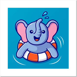 Cute Elephant Floating With Swimming Tires Posters and Art